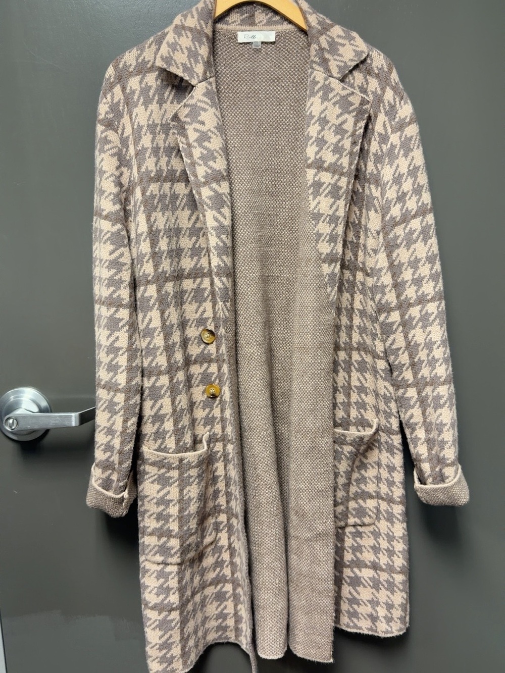 Houndstooth Open-Front Cardigan Coatigan in Taupe